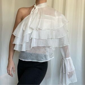 Elegant White Ruffled One-Shoulder Top with Bell Sleeve